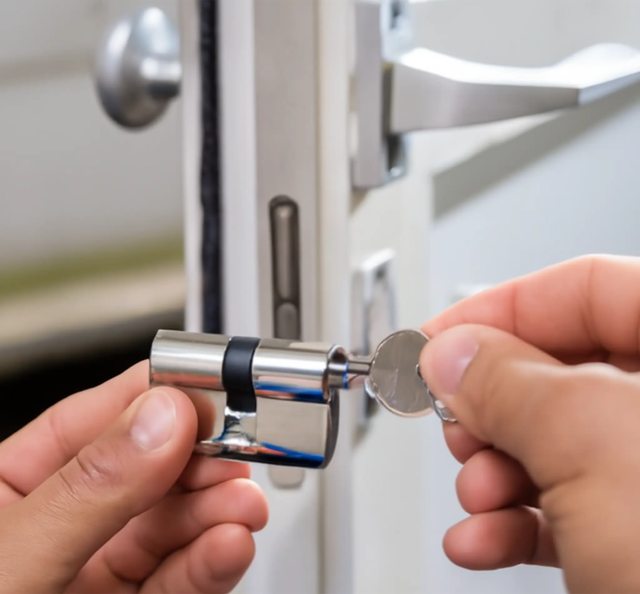 Change Old Lock with a New One – Locksmith Of Kirkland Lock Replacement Services Locksmith Of Kirkland technician replacing an old door lock with a new high-security model